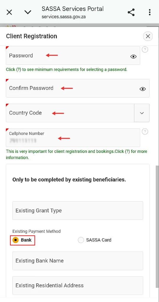 SASSA registration password and bank details